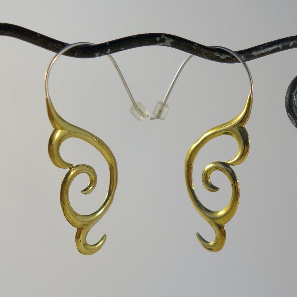 Māori Hook earrings in Yellow Brass~ Sterling silver ear wires, boho jewelry